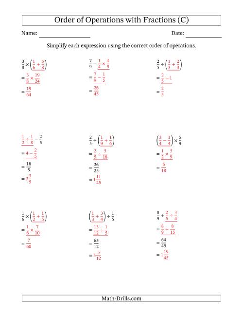 The Order of Operations with Positive Fractions and No Exponents (Two Steps) (C) Math Worksheet Page 2