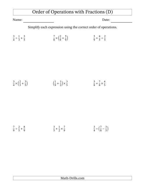 The Order of Operations with Positive Fractions and No Exponents (Two Steps) (D) Math Worksheet