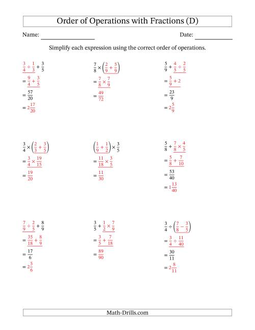 The Order of Operations with Positive Fractions and No Exponents (Two Steps) (D) Math Worksheet Page 2