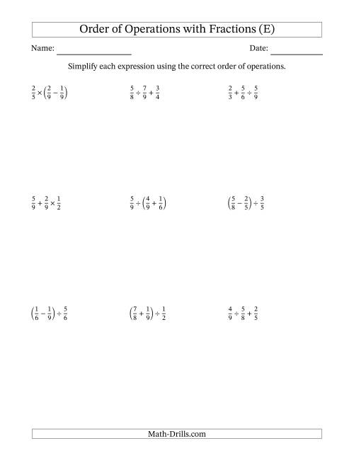 The Order of Operations with Positive Fractions and No Exponents (Two Steps) (E) Math Worksheet