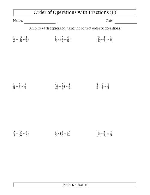 The Order of Operations with Positive Fractions and No Exponents (Two Steps) (F) Math Worksheet