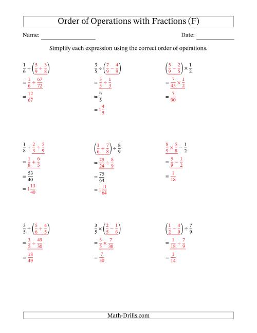 The Order of Operations with Positive Fractions and No Exponents (Two Steps) (F) Math Worksheet Page 2