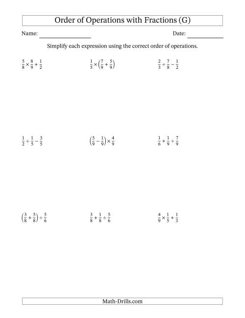 The Order of Operations with Positive Fractions and No Exponents (Two Steps) (G) Math Worksheet