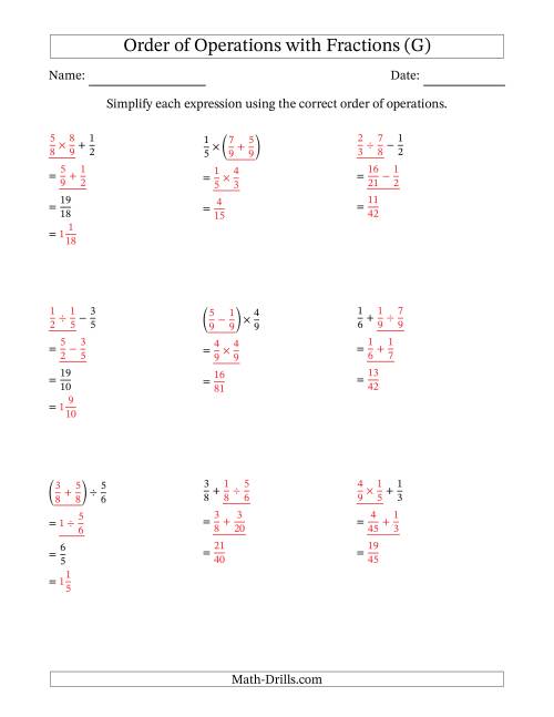 The Order of Operations with Positive Fractions and No Exponents (Two Steps) (G) Math Worksheet Page 2