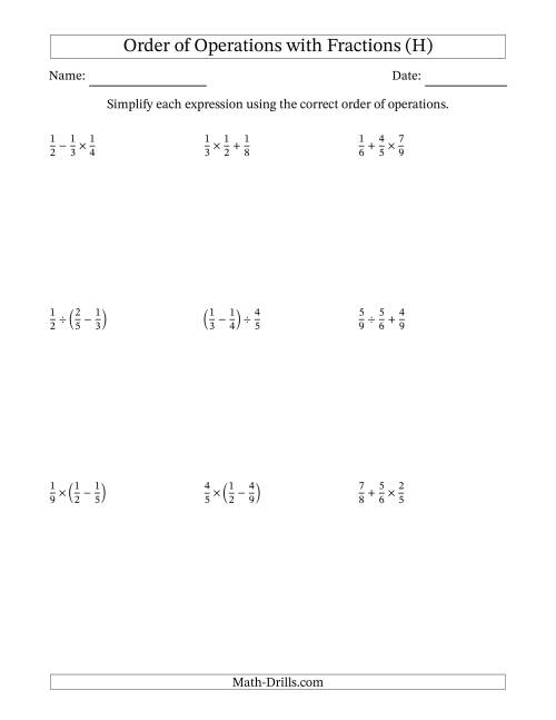 The Order of Operations with Positive Fractions and No Exponents (Two Steps) (H) Math Worksheet