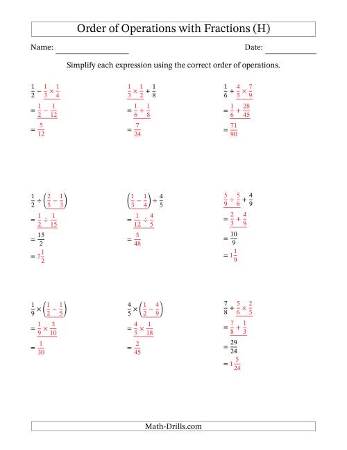 The Order of Operations with Positive Fractions and No Exponents (Two Steps) (H) Math Worksheet Page 2