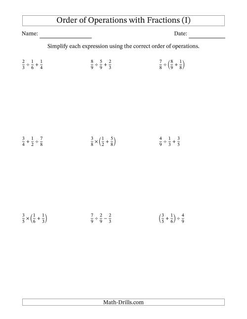 The Order of Operations with Positive Fractions and No Exponents (Two Steps) (I) Math Worksheet