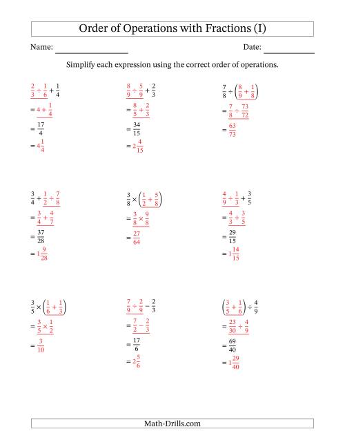 The Order of Operations with Positive Fractions and No Exponents (Two Steps) (I) Math Worksheet Page 2