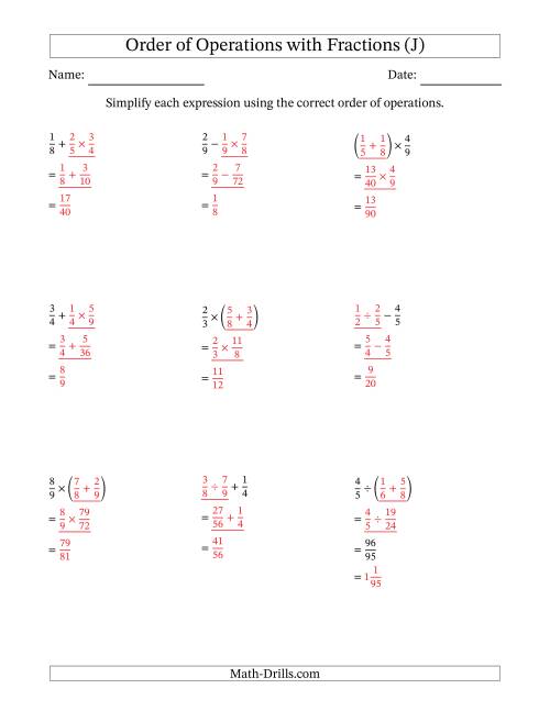 The Order of Operations with Positive Fractions and No Exponents (Two Steps) (J) Math Worksheet Page 2