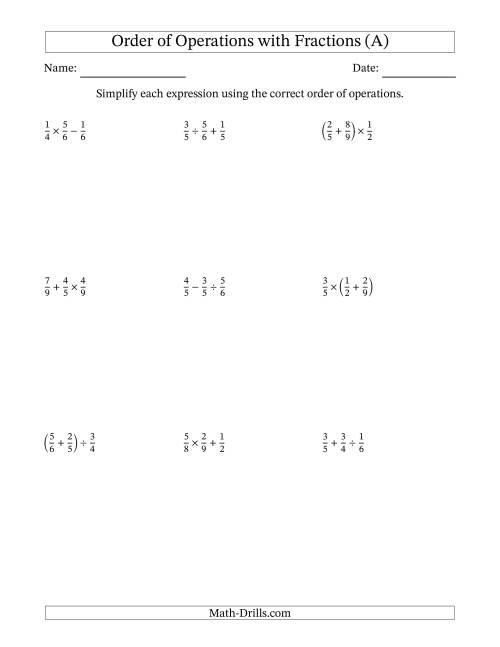 The Order of Operations with Positive Fractions and No Exponents (Two Steps) (All) Math Worksheet