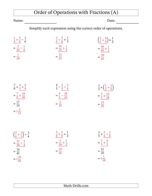 The Order of Operations with Positive Fractions and No Exponents (Two Steps) (All) Math Worksheet Page 2