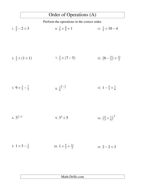 The Fractions Order of Operations -- Two Steps (Old) Math Worksheet