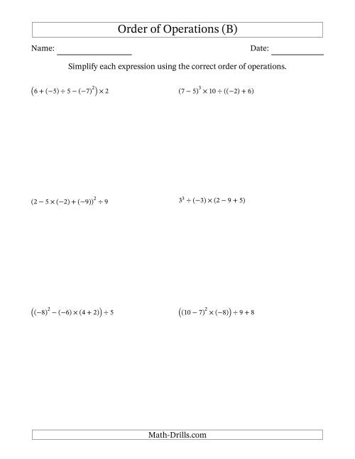 The Order of Operations with Negative and Positive Integers (Five Steps) (B) Math Worksheet