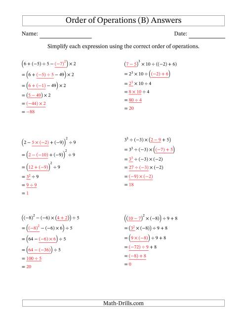 The Order of Operations with Negative and Positive Integers (Five Steps) (B) Math Worksheet Page 2