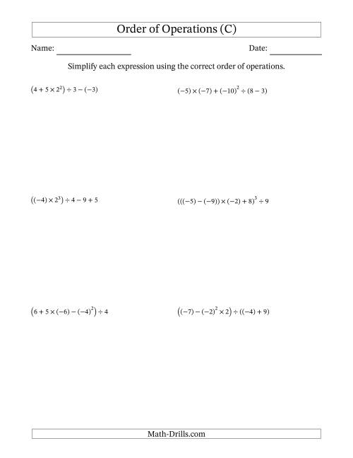 The Order of Operations with Negative and Positive Integers (Five Steps) (C) Math Worksheet
