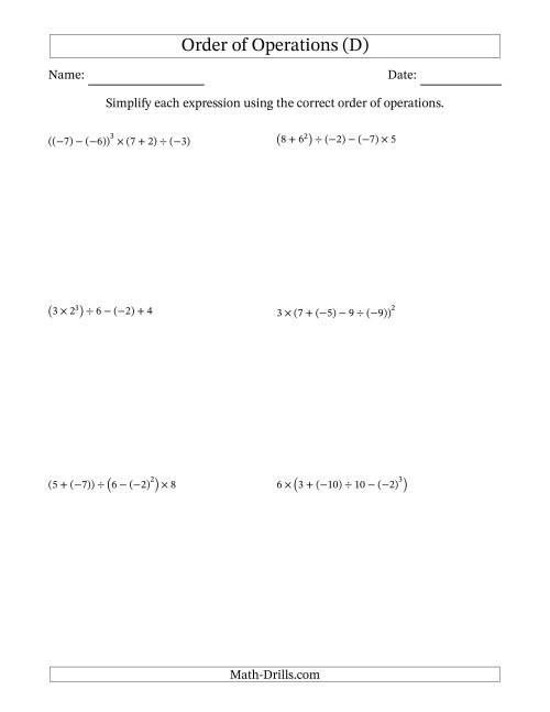 The Order of Operations with Negative and Positive Integers (Five Steps) (D) Math Worksheet
