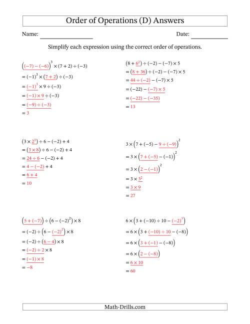 The Order of Operations with Negative and Positive Integers (Five Steps) (D) Math Worksheet Page 2
