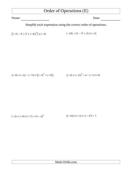 The Order of Operations with Negative and Positive Integers (Five Steps) (E) Math Worksheet