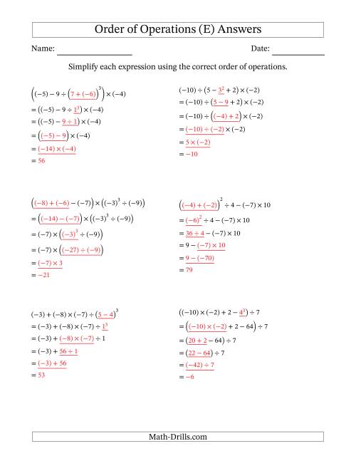 The Order of Operations with Negative and Positive Integers (Five Steps) (E) Math Worksheet Page 2