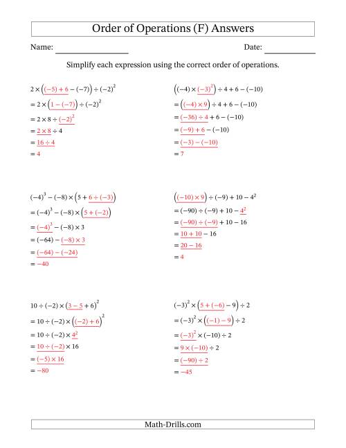 The Order of Operations with Negative and Positive Integers (Five Steps) (F) Math Worksheet Page 2
