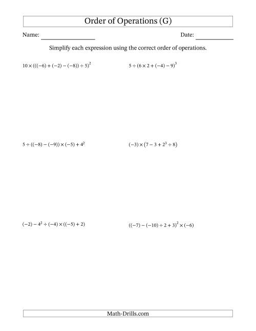 The Order of Operations with Negative and Positive Integers (Five Steps) (G) Math Worksheet