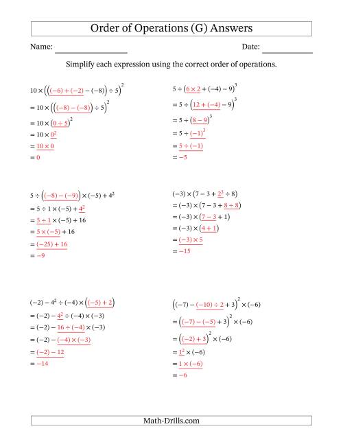 The Order of Operations with Negative and Positive Integers (Five Steps) (G) Math Worksheet Page 2
