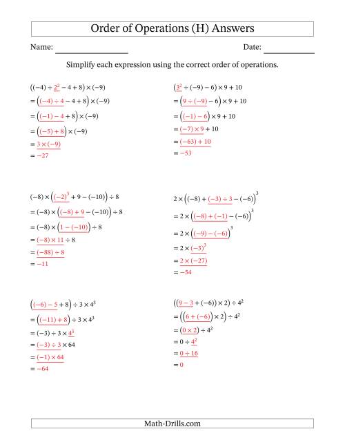 The Order of Operations with Negative and Positive Integers (Five Steps) (H) Math Worksheet Page 2
