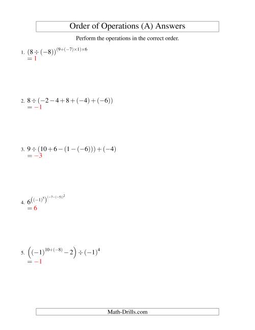 The Integers Order of Operations -- Five Steps Including Negative Integers (Old) Math Worksheet Page 2