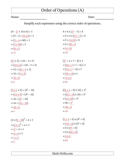The Order of Operations with Whole Numbers (Five Steps) (A) Math Worksheet Page 2