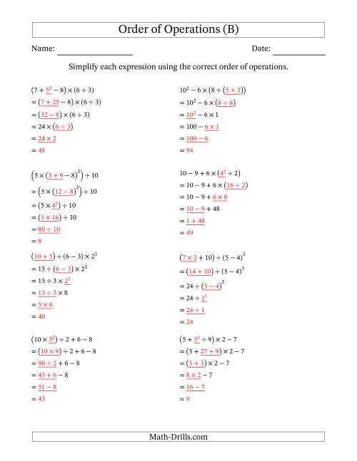 The Order of Operations with Whole Numbers (Five Steps) (B) Math Worksheet Page 2