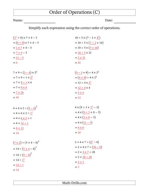 The Order of Operations with Whole Numbers (Five Steps) (C) Math Worksheet Page 2