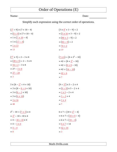 The Order of Operations with Whole Numbers (Five Steps) (E) Math Worksheet Page 2