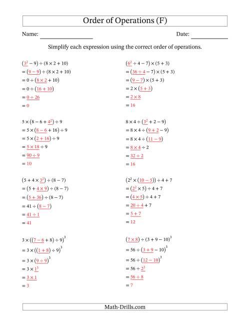 The Order of Operations with Whole Numbers (Five Steps) (F) Math Worksheet Page 2