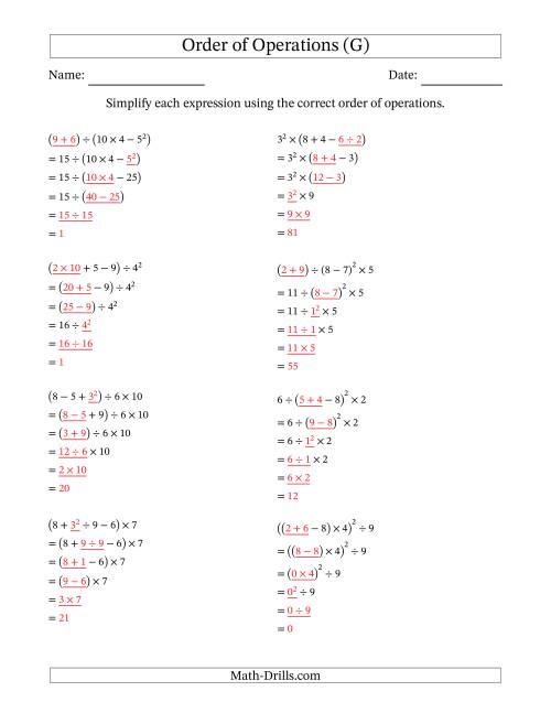 The Order of Operations with Whole Numbers (Five Steps) (G) Math Worksheet Page 2