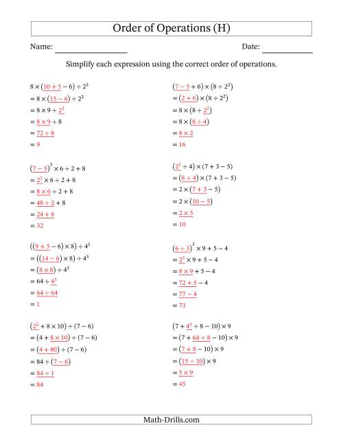 The Order of Operations with Whole Numbers (Five Steps) (H) Math Worksheet Page 2