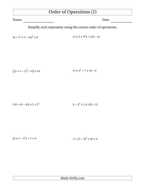 The Order of Operations with Whole Numbers (Five Steps) (J) Math Worksheet