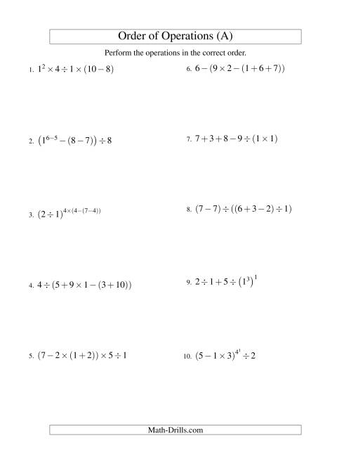 The Integers Order of Operations -- Five Steps (Old) Math Worksheet