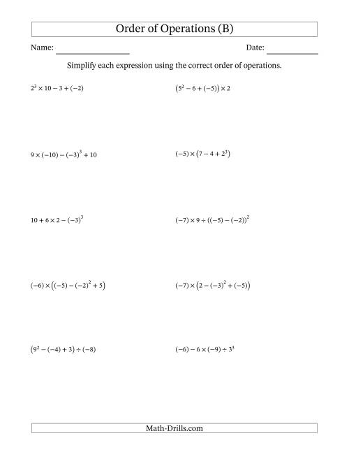 The Order of Operations with Negative and Positive Integers (Four Steps) (B) Math Worksheet