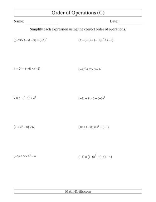 The Order of Operations with Negative and Positive Integers (Four Steps) (C) Math Worksheet