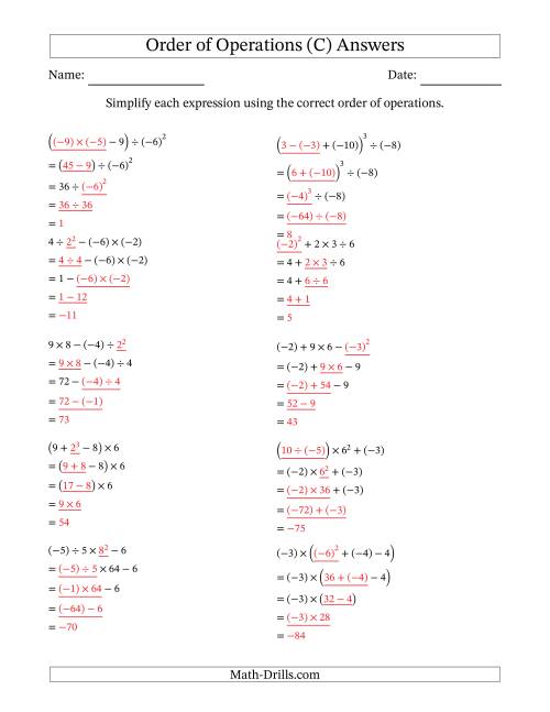 The Order of Operations with Negative and Positive Integers (Four Steps) (C) Math Worksheet Page 2