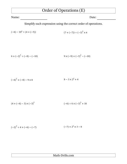 The Order of Operations with Negative and Positive Integers (Four Steps) (E) Math Worksheet