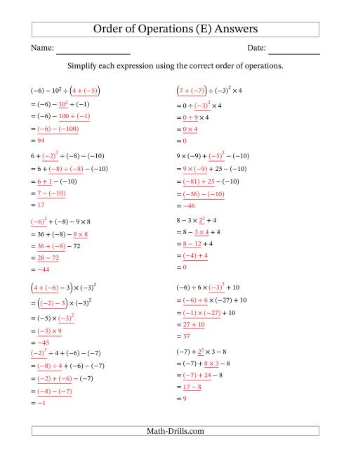 The Order of Operations with Negative and Positive Integers (Four Steps) (E) Math Worksheet Page 2