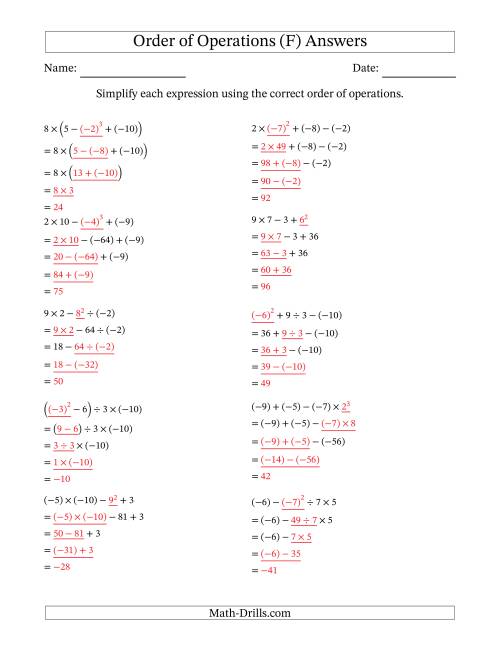 The Order of Operations with Negative and Positive Integers (Four Steps) (F) Math Worksheet Page 2