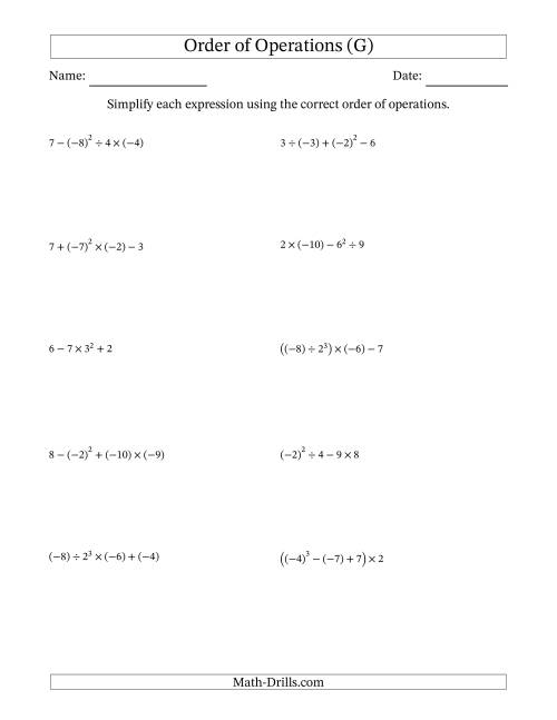 The Order of Operations with Negative and Positive Integers (Four Steps) (G) Math Worksheet