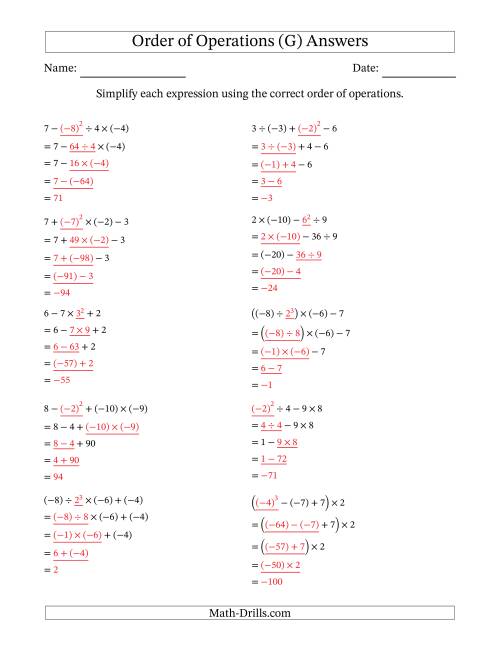 The Order of Operations with Negative and Positive Integers (Four Steps) (G) Math Worksheet Page 2