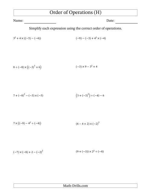 The Order of Operations with Negative and Positive Integers (Four Steps) (H) Math Worksheet