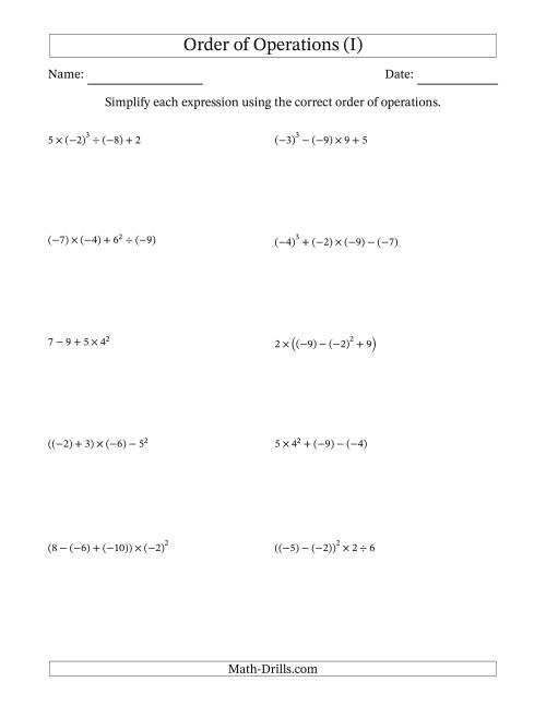 The Order of Operations with Negative and Positive Integers (Four Steps) (I) Math Worksheet