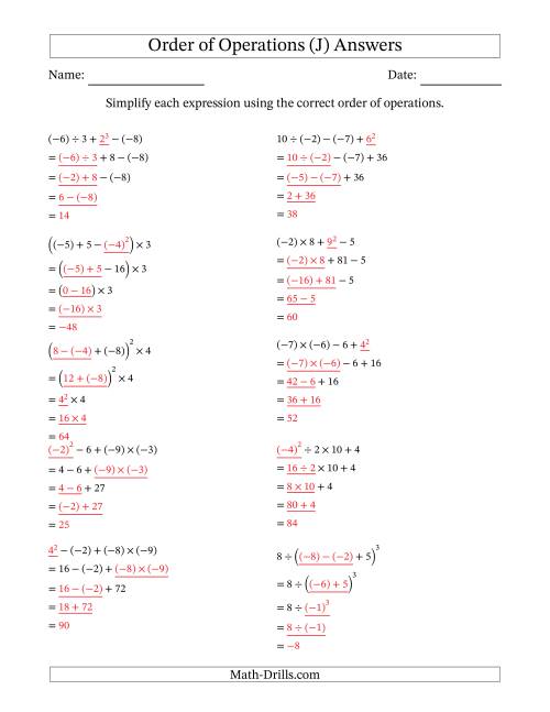 The Order of Operations with Negative and Positive Integers (Four Steps) (J) Math Worksheet Page 2