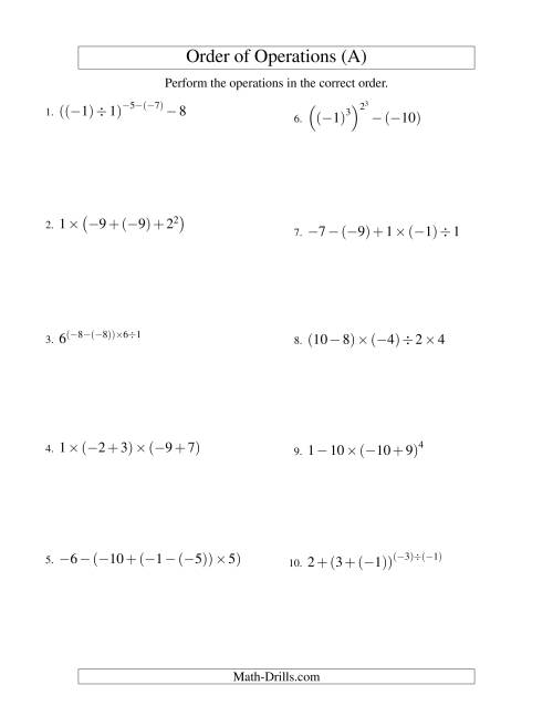 The Integers Order of Operations -- Four Steps Including Negative Integers (Old) Math Worksheet