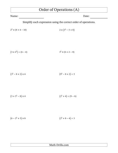 The Order of Operations with Whole Numbers (Four Steps) (A) Math Worksheet